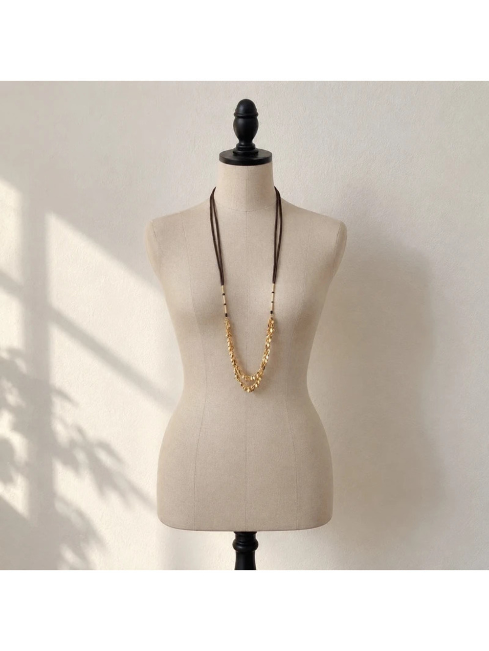 NWT Black Leather Gold Leaf Statement Necklace 18" Boho Layered Jewelry
